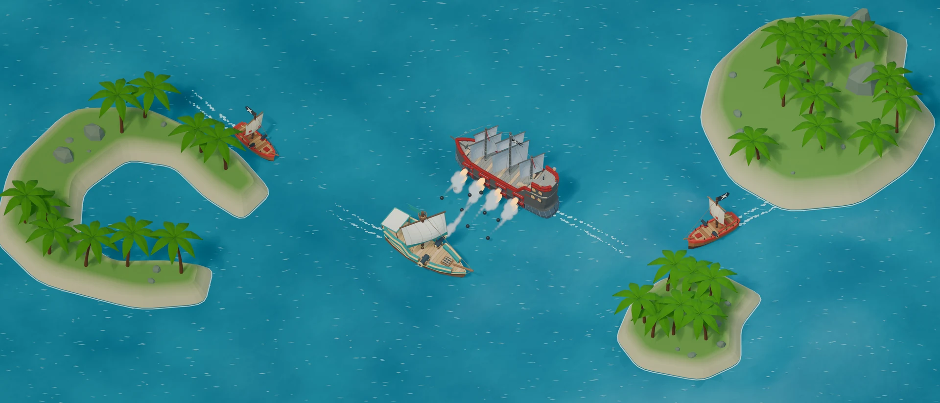 Pirate ships trade cannon fire among tropical islands